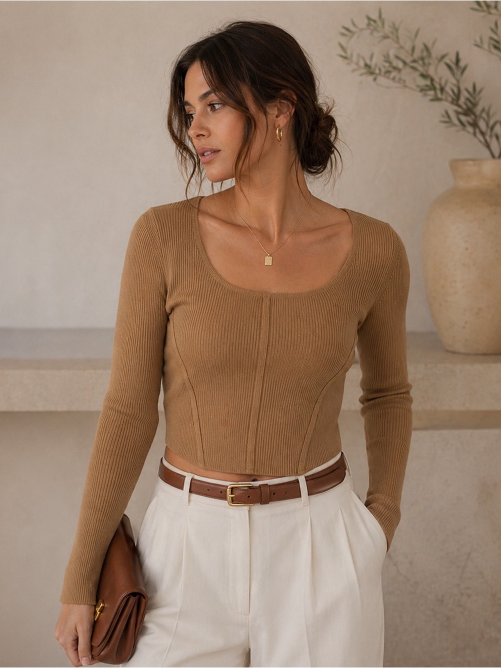 HOUSE OF HARLOW 1960 Camel Brown Long Sleeve Crop Knit Corset Top – Size M